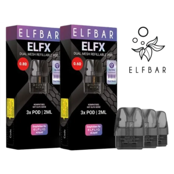 ELF BAR ELFX replacement pods 3 pack 0.6 ohm 0.8 ohm – box and pods
